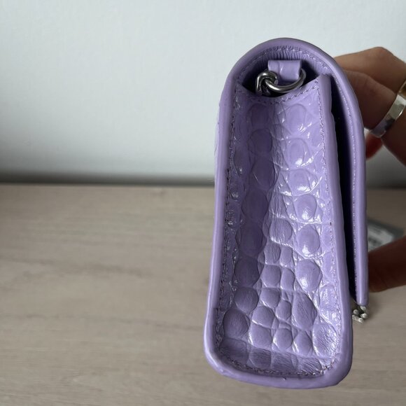 NWT Balenciaga Hourglass Wallet On Chain Shoulder Bag Lilac Shiny Embossed Croc - Picture 7 of 9